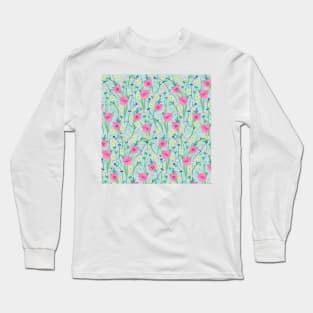 Summer Meadow Floral Nature Teal Illustration Long Sleeve T-Shirt